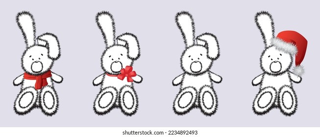 Vector illustration of the little christmas rabbits. The symbol of 2023. Vector illustration