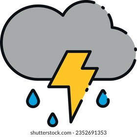 Vector illustration of a little cloud icon with water drops and a lightning bolt. Rainy, rainy day with thunderstorm. Color weather icon.