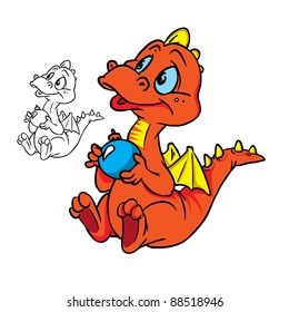  Vector Illustration of little dragon with a Christmas ball  in color and outline; isolated on background.