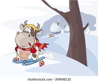 Vector Illustration of a little cow walking ski. Cartoon 
