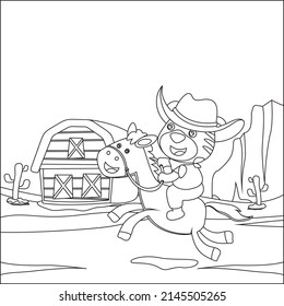 Vector illustration of Little cowboy riding a horse. Cartoon isolated vector illustration, Creative vector Childish design for kids activity colouring book or page.