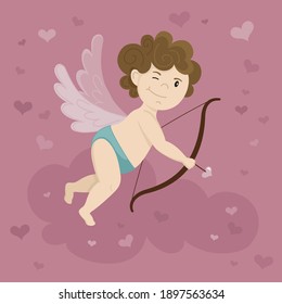 Vector illustration. Little cupid shoots love from the cloud. Valentine's day symbol. Template for your design