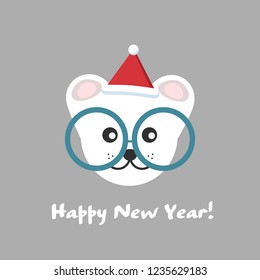 Vector illustration of a little cute bear cub in a red Christmas hat, isolated on a gray background. Happy new year greeting card.