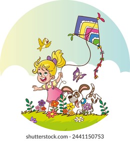 Vector illustration of little cute children playing with a kite in the garden.