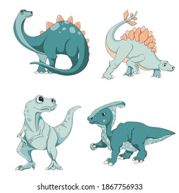 Vector illustration of little cute dinosaurs isolated on white background. Triceratops, T-rex, diplodocus, stegosaurus. Prehistoric animals
