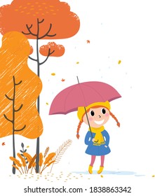 Vector illustration little cute girl under umbrella,rainy autumn day,cartoon design.