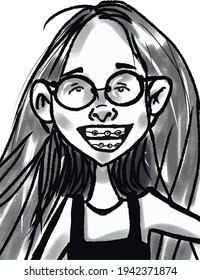 vector illustration of little cute girl with braces isolated portrait