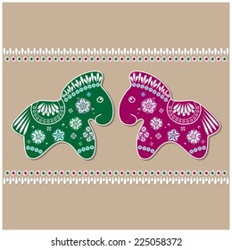 Vector illustration with little cute horses with ethnic motifs and floral pattern. 