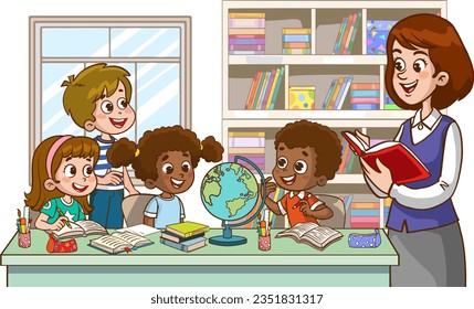 Vector illustration of little cute multicultural students and their teacher teaching together