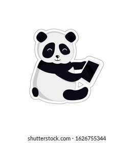 Vector illustration with a little cute panda that is sitting sideways and chatting in a smartphone. Sticker or icon with panda.