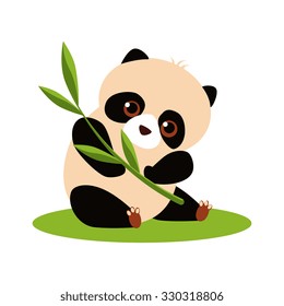 Vector illustration of a little cute panda eating bamboo branch. Flat design
