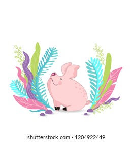 vector illustration little cute pig sitting in the meadow,cartoon design