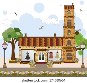 Vector illustration of little cute retro house and store, shop or boutique with green awning