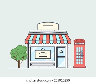 Vector illustration of little cute retro store, shop or boutique with awning, phone booth and green tree