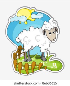 vector illustration of a little cute sheep in grassland