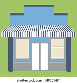 Vector illustration of little cute store, shop or boutique facade with awning on green background. Empty store