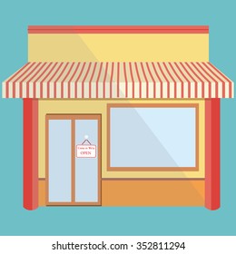 Vector illustration of little cute store, shop or boutique facade with awning and we are open sign on blue background. Empty store