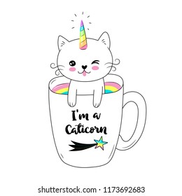 Vector illustration of a little cute white cat unicorn or caticorn . Can be used as greeting card, sticker, kids t-shirt design, print or poster