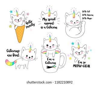 Vector illustration of a little cute white cat unicorn or caticorn . Can be used as greeting card, sticker, kids t-shirt design, print or poster
