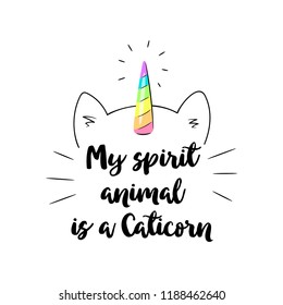 Vector illustration of a little cute white cat unicorn or caticorn . Can be used as greeting card, sticker, kids t-shirt design, print or poster