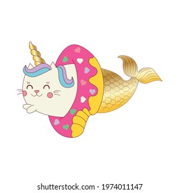 Vector illustration of a little cute white cat unicorn or caticorn mermaid. Can be used as greeting card, sticker, kids t-shirt design, print or poster