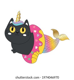 Vector illustration of a little cute white cat unicorn or caticorn mermaid. Can be used as greeting card, sticker, kids t-shirt design, print or poster
