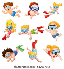 Vector illustration of Little divers cartoon set