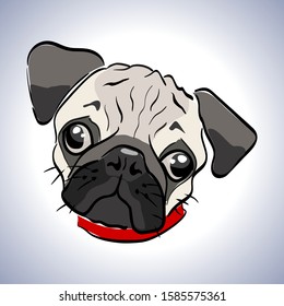 Vector illustration of a little dog. Character sad pug. Muzzle unhappy pooch. lonely doggy with sad eyes.