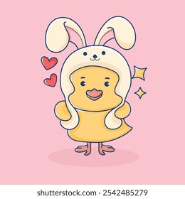 Vector Illustration of Little Duck with Bunny Hat. Adorable and Kawaii Animal Concept Design. Icon Mascot Illustration Isolated with Adorable pose