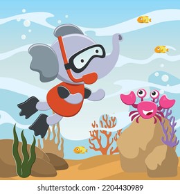 Vector illustration of Little elephant  diving in undersea adventure on a background of beautiful blue water