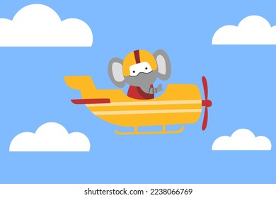 Vector illustration of little elephant pilot on airplane concept design