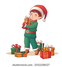 Vector illustration of little elf with gift boxes isolated on white background. Merry Christmas, New Year concept. For card design, poster decoration.	
