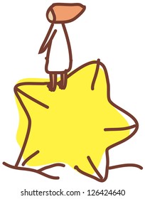 A vector illustration of a little elf standing on a star