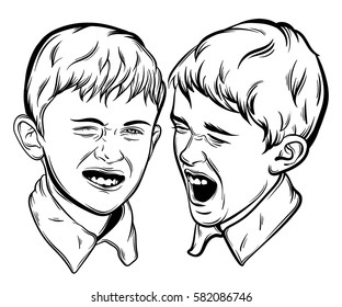 Vector illustration of little emotional boys made in hand drawn style. Hand sketched artwork with portrait of crazy child. Template for card, poster, banner, print for t-shirt.