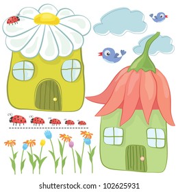 Vector illustration of a little fairy tale cartoon houses and bugs, burds, flowers for kids