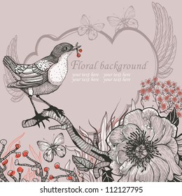 vector illustration of a little forest bird and blooming wild flowers
