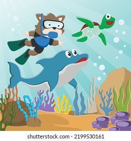 Vector illustration of Little fox, dolphin and turtle diving in undersea adventure on a background of beautiful blue water