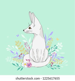 Vector illustration of a little fox Fenech, a cute little animal with big ears sitting in the meadow isolated on white background, cartoon design