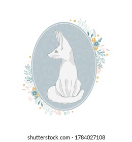 Vector illustration of a little fox Fenech.Cute little animal with big ears isolated on floral background, cartoon design.