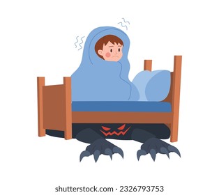 Vektorgrafik des kleinen verängstigten Jungen sitzt auf dem Bett unter den Decken und ein schwarzes Monster krabbelt unter dem Boden, ein Oger mit roten Augen. Cartoon Design-Stil für Kinder Ängste, Phobie