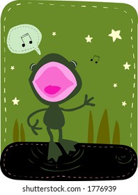 Vector illustration of a little frog  singing in the night.