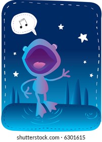 Vector illustration of a little frog singing in the night.