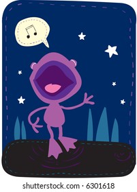 Vector illustration of a little frog singing in the night.