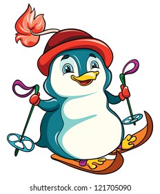 vector illustration-  little funny cartoon penguin in hat skiing on white background