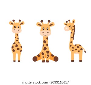Vector illustration of little funny cute giraffe in flat style isolated on white background. Baby giraffe is sitting