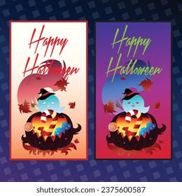 Vector illustration of little ghost wearing a witch hat and pumpkin lantern full of candy, editable label poster template