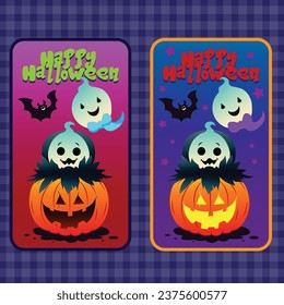 Vector illustration of little ghosts, bat and smiling pumpkin face, editable label poster template