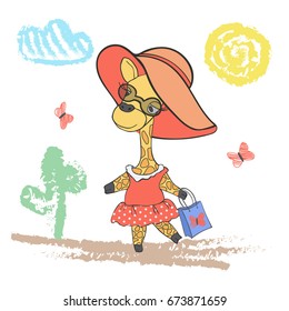 Vector illustration little giraffe girl on a walk. Can be used for baby fashion, print design, t-shirt print, kids wear, greeting and invitation card.