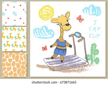 Vector illustration little giraffe girl on a treadmill. Set pattern with cartoon illustration. Can be used for baby fashion, print design, t-shirt print, kids wear, greeting and invitation card.