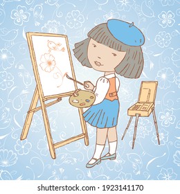 Vector illustration of a little girl artist standing behind an easel and painting with a brush